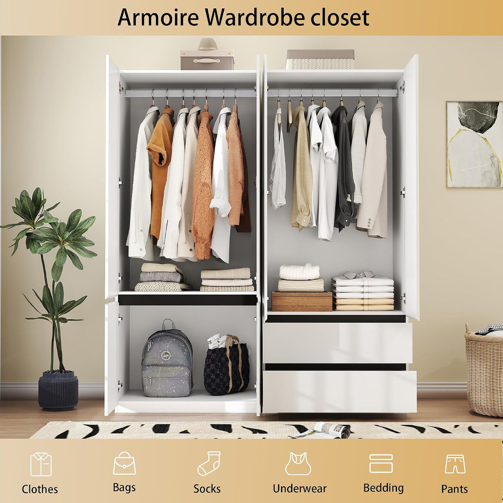 Wardrobe Closet with 4 Doors: 75" White Armoire with 2 Drawers, Wooden Wardrobe for Hanging Clothes, Tall Storage Cabinet with Shelves and Hanging Rod (A+C, 63")