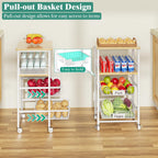 Giwil Vegetable Fruit Basket for Kitchen Pantry Organizers Storage, 4-Tier Utility Rolling Cart on Wheels with Wood Rack and Drawer Wire Baskets for Onions Potatoes Snacks, White