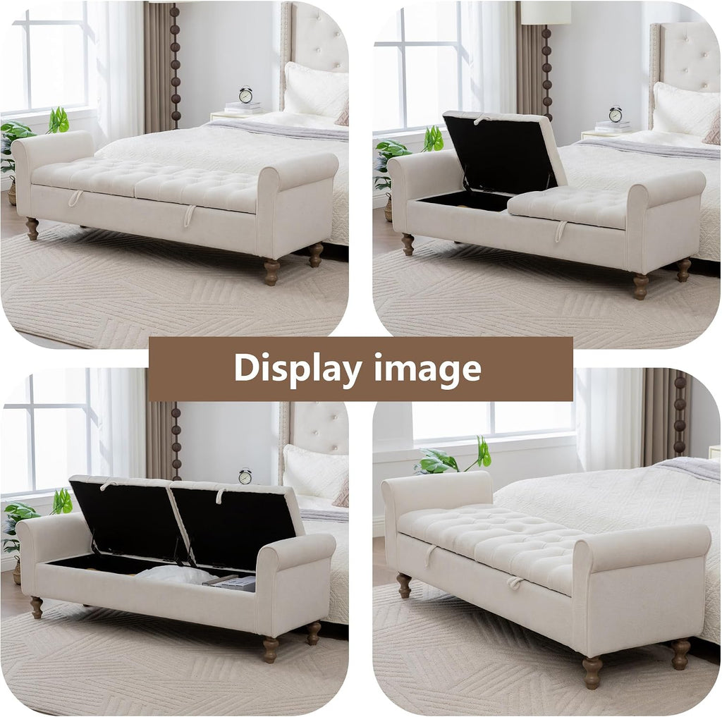 66" End of Bed Storage Bench King Size Beige,Napped Fabric Window Bench with Dual-Opening Compartments,Long Tufted Storage Bench Living Room,Bedroom,Entryway