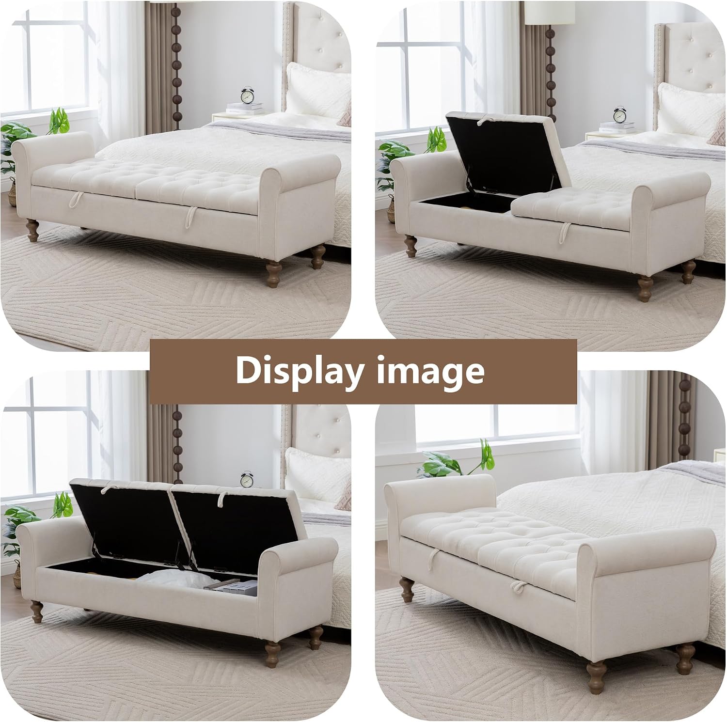 66" End of Bed Storage Bench King Size Beige,Napped Fabric Window Bench with Dual-Opening Compartments,Long Tufted Storage Bench Living Room,Bedroom,Entryway
