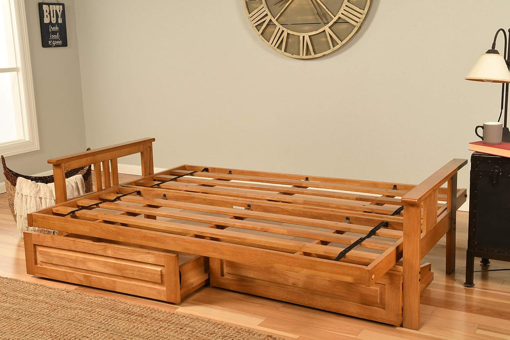 Kodiak Furniture Monterey Queen-size Futon, Storage Drawers, Butternut Finish with Suede Gray Mattress