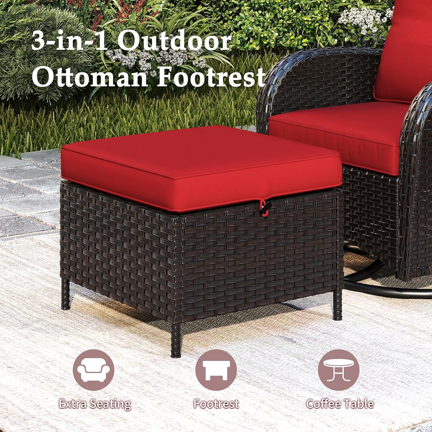 Outdoor Ottomans Set of 2 with Weather-Resistant & Thickened Cushions, PE Rattan Patio Conversation Set for Deck, Porch, Sunroom (Red)
