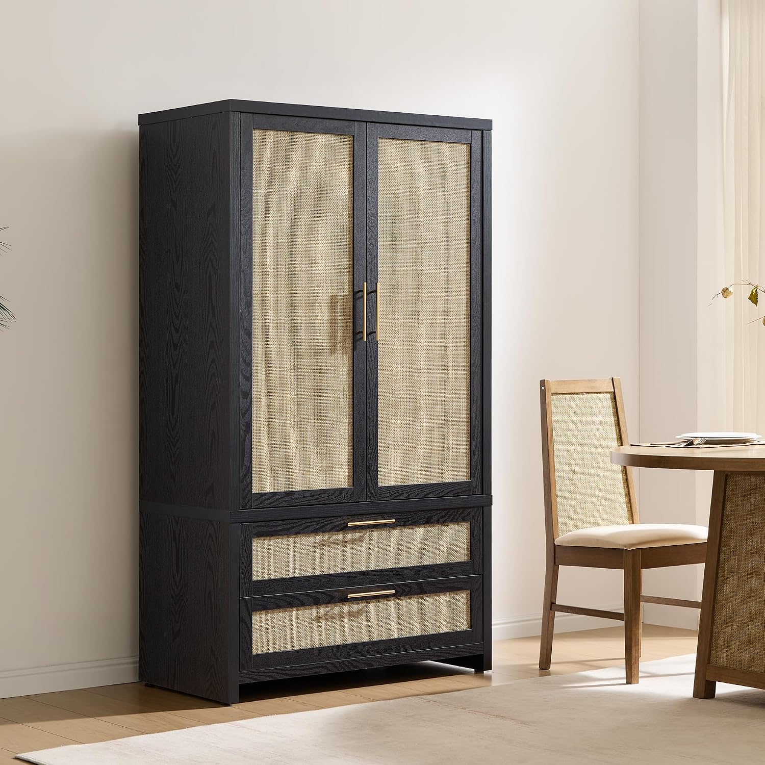 SICOTAS Rattan Armoire Wardrobe Closet, 71 inch Boho Wardrobe with Drawers | Farmhouse Storage Cabinet Armoire with Hanging Rod, Large-Capacity Deep Armoire Clothes Organizer for Bedroom, Cloak Room