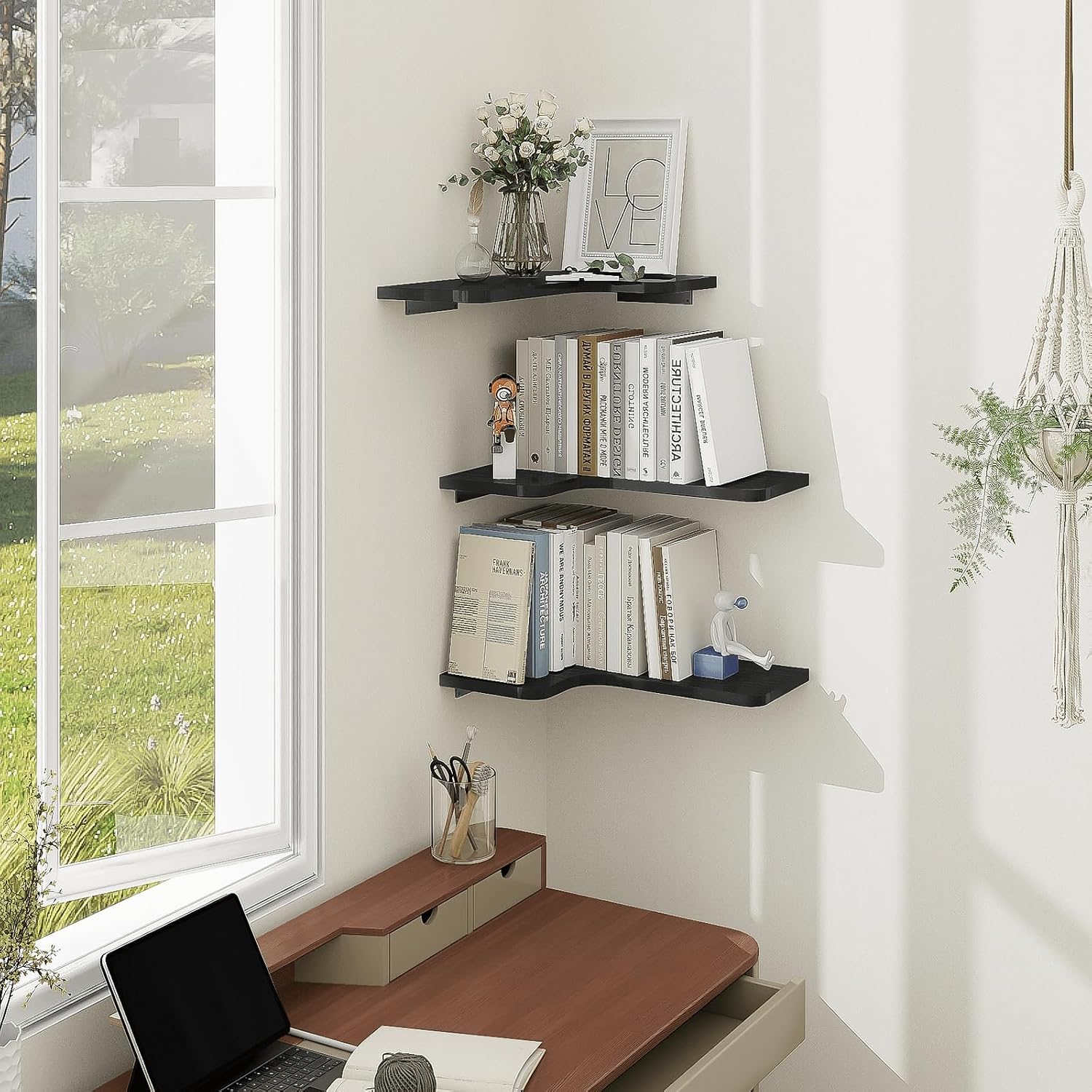 Homode Corner Shelves Wall Mounted, Set of 3 Floating Corner Shelves with Cord Hole, 3 Tier Wooden Hanging Display Shelf for Bathroom Kitchen Living Room, Black