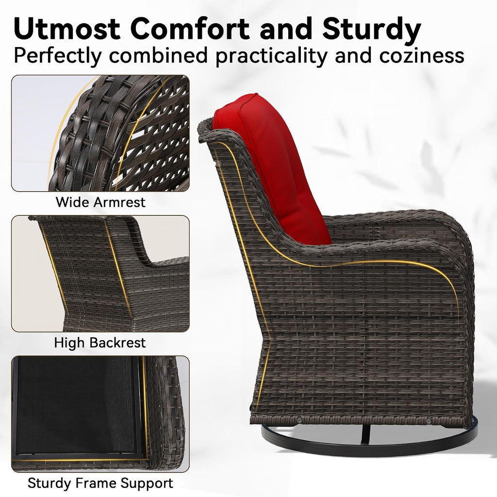 Outdoor Swivel Rocker Patio Chair - Outdoor Wicker Patio Furniture with Thickened Olefin Cushions, High Back and Deep Seating, Hand-Woven PE Rattan for Porch, Deck, Balcony, Red