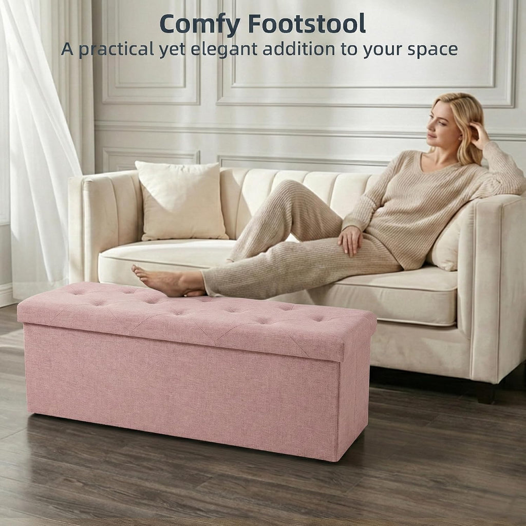 Foldable Storage Ottoman Bench, Storage Chest, End of Bed Foot Rest Stool with Padded Seat, 43 Inch Bedroom Bench for Living Room, Support 660lbs, Pink