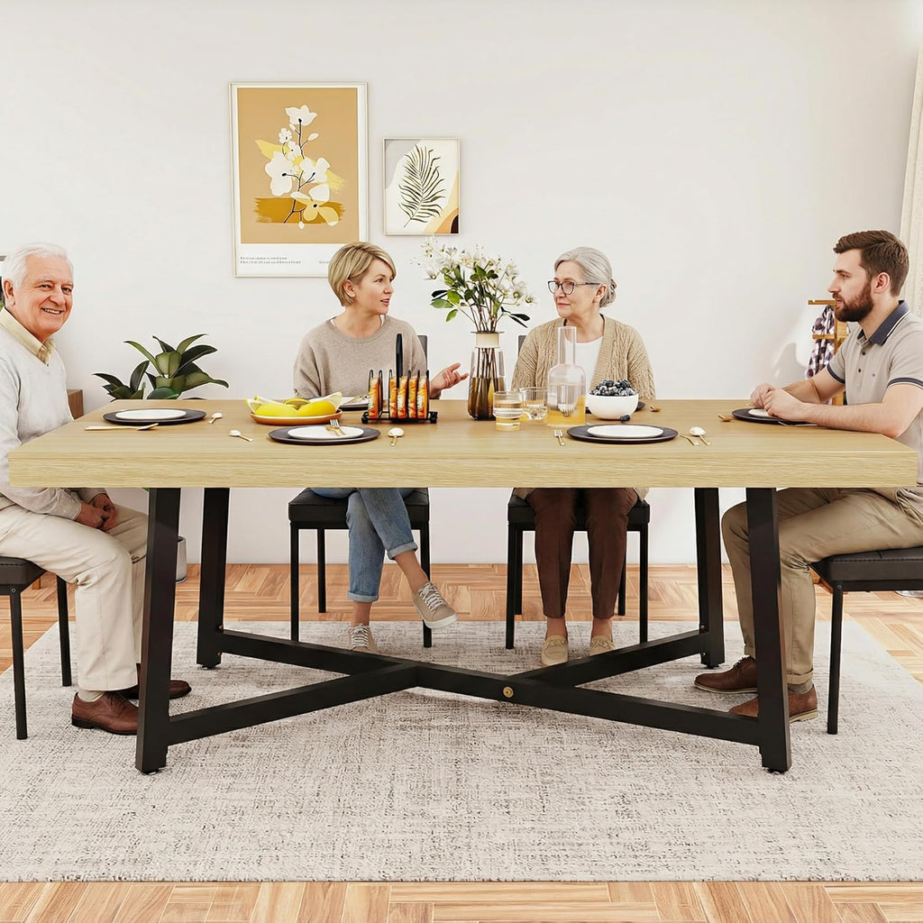71" Farmhouse Dining Table for 4,6,8 People,Wooden Rustic Kitchen Table W/Thickness Waterproof Wood Tabletop,Rectangular Long Brown Dinner Table for Home Office,Dining Room,Living Room Furniture