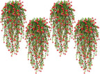 SJL Artificial Hanging Plant 4pcs Fake Hanging Plants Greenery Decor Plastic Flower Artificial Plants Indoor Fern Ivy Leaves Flowers Real Touch Stem for Wedding Party Outside Home (Red)