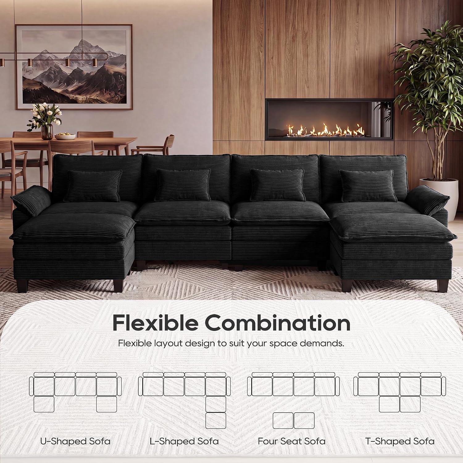 URRED Oversized Modular Sectional Sofa，Solid Black：157" U Shaped | Modern Comfy Cloud Couch with Movable Ottoman and Pillow, Deep Seat Couches for Living Room, Bedroom or Apartment