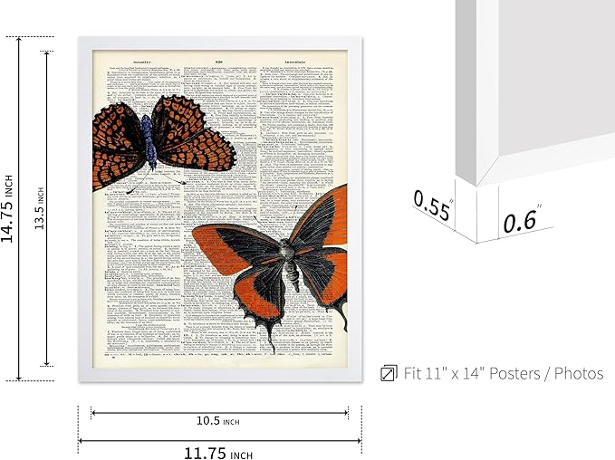 Poster Master Dictionary Art Poster - Butterflies Print - Moth Art - Butterfly Art - Insect Art - Gift for Men, Women & Animal Lover - Chic Decor for Living Room or Bedroom, 11x14 White Framed