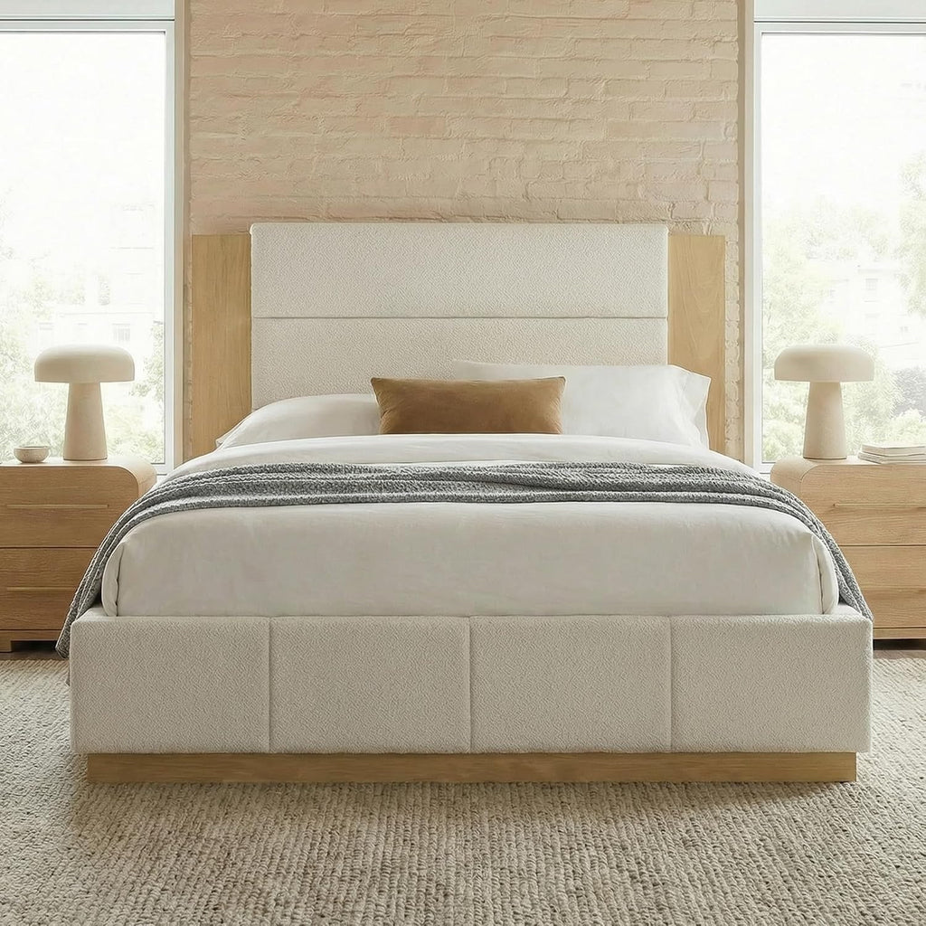 GDFStudio Queen Size Upholstered Platform Bed Frame with Extended Wood Headboard, 49'' Tall High Headboard Modern Bed Frame, Wood Plinth Base, No Box Spring Needed, Easy Assembly, White Boucle