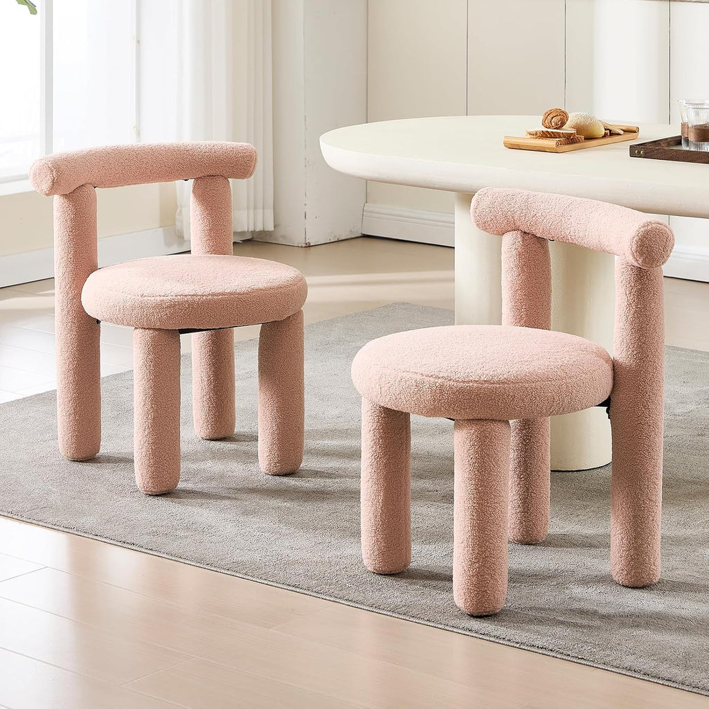 Boucle Dining Chairs Set of 2, Mid Morden Century Chairs with Curved Back Round Upholstered Round Dining Chairs, Armless,for Bedroom Kitchen and Dining Living Reading Room Reception, Pink