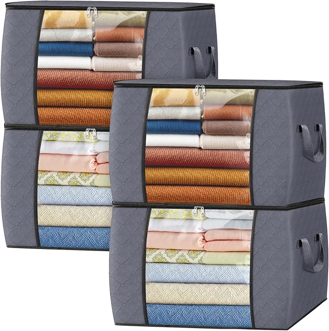 Fab totes 90L Clothes Storage, Foldable Thick Fabric Blanket Storage Bags, Containers for Organizing Bedroom, Closet, Clothing, Comforter, Organization with Handle (4 Pack,Grey)