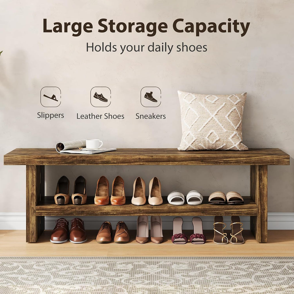 2 Tier Entryway Bench, 47.24" Shoe Bench, Rustic Shoe Rack, Wooden Storage Bench for Entryway Hallway Living Room Bedroom, Easy Assembly, Rustic Brown