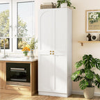Cyclysio 80" Kitchen Pantry with 4 Soft Close Doors, Seamless Fit Wall | Extra Tall Arch Storage Cabinet with Adjustable Shelves, Freestanding Wood Cupboard for Dining Living Room Bathroom Furniture