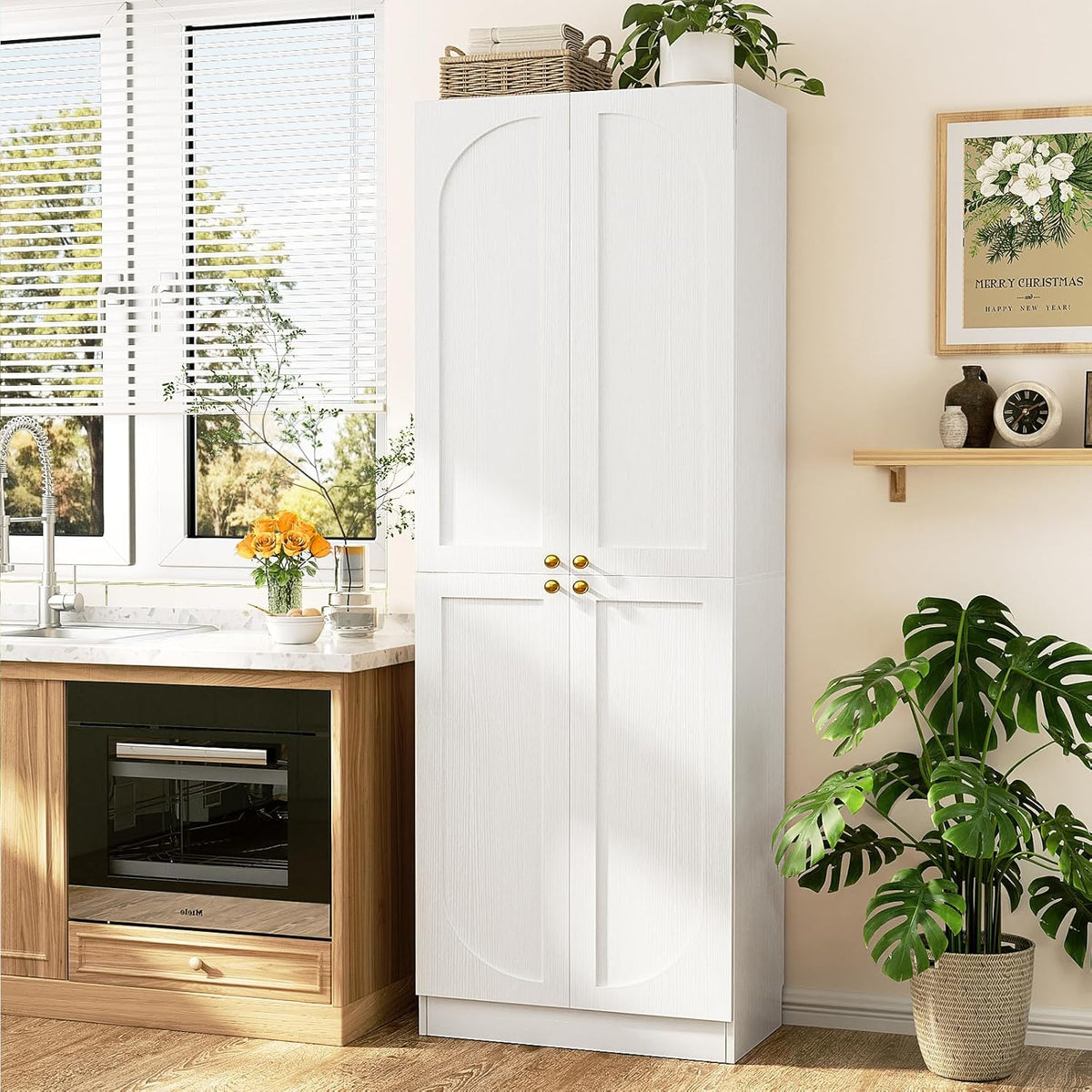 Cyclysio 80" Kitchen Pantry with 4 Soft Close Doors, Seamless Fit Wall | Extra Tall Arch Storage Cabinet with Adjustable Shelves, Freestanding Wood Cupboard for Dining Living Room Bathroom Furniture