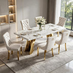 7 Piece Dining Table Set, White 70" Marble Dining Table with 6 Beige Velvet Chairs, Luxury Faux Marble Dining Room Table Set for 6, Modern Kitchen Table and Chairs Set for Home Furniture