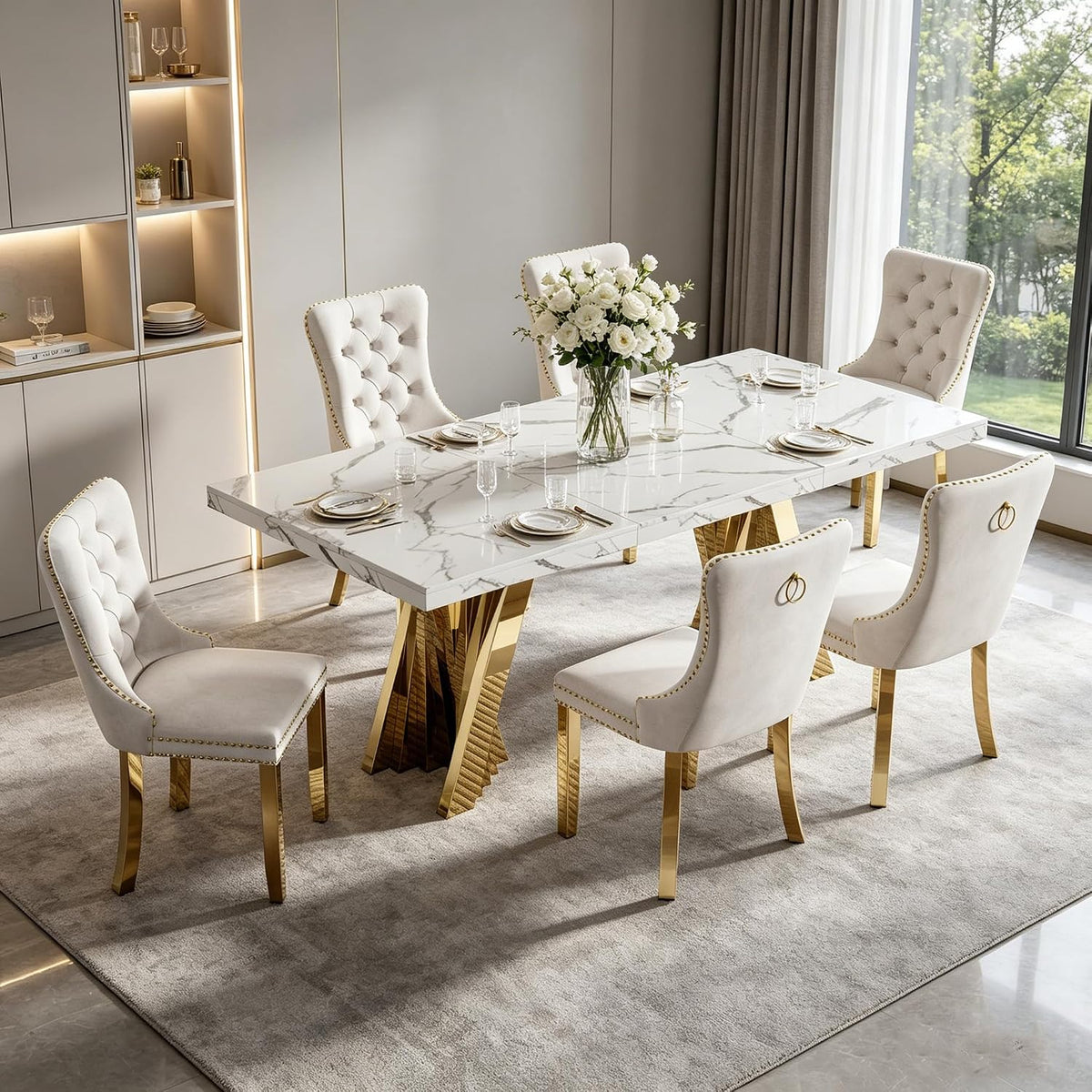 7 Piece Dining Table Set, White 70" Marble Dining Table with 6 Beige Velvet Chairs, Luxury Faux Marble Dining Room Table Set for 6, Modern Kitchen Table and Chairs Set for Home Furniture