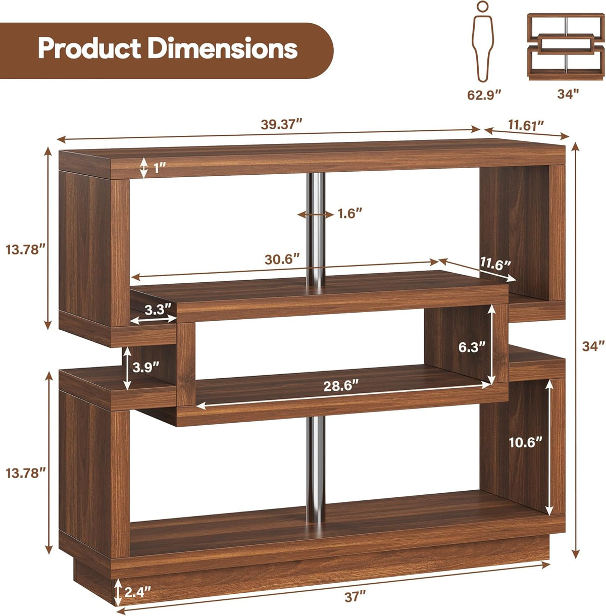 knoworld 40" Console Table for Entrayway, Farmhouse Entry Table with 4 Tier Storage, Narrow Sofa Table Behind The Couch for Entrance, Living Room, Hallway, Foyer, Brown