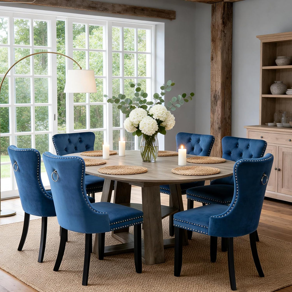 Round Extendable Dining Table Set for 6, 43"-59" Rustic Grey Expandable Kitchen Table with 6 Blue Velvet Tufted Chairs, Farmhouse Wooden Extendable Dining Room Table Set for Small Space Apartment