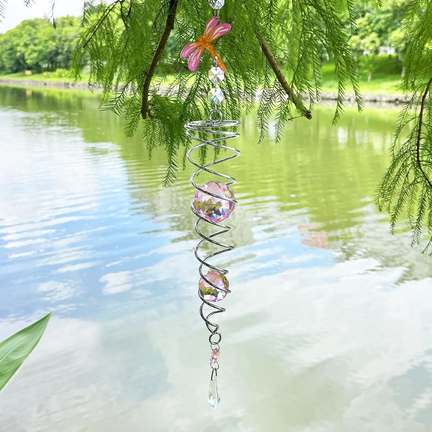 FONMY Dragonfly Gazing Ball Spiral Wind Spinner Sun Catcher Rainbow Maker Silver Spiral W/Pink K9 Crystal Ball Tree Hanging Ornament Indoor Outdoor Garden Decor. 19.5inch H