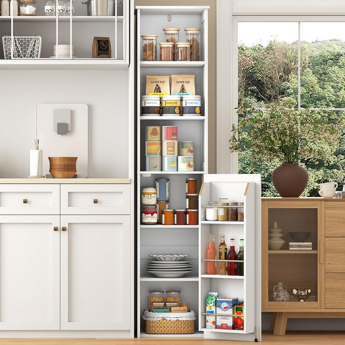 ChooChoo Narrow Kitchen Pantry Storage Cabinet, Slim Storage Cabinet with Adjustable Shelves and Open Shelves, Tall Freestanding Pantry Cabinet for Small Spaces, Kitchen, Dining Room, Bathroom, White
