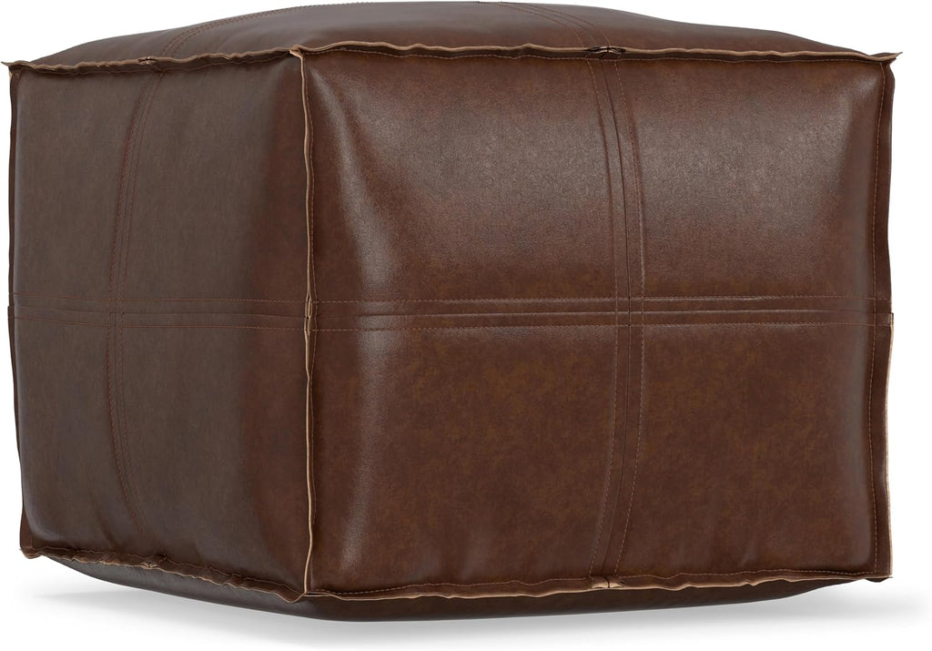 SIMPLIHOME Brody 18" Wide Square Pouf in Distressed Dark Brown Faux Leather | Boho footstool, coffee table and extra seating for living room or bedroom with assembled design, assembled; pouf ottoman.