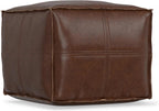 SIMPLIHOME Brody 18" Wide Square Pouf in Distressed Dark Brown Faux Leather | Boho footstool, coffee table and extra seating for living room or bedroom with assembled design, assembled; pouf ottoman.