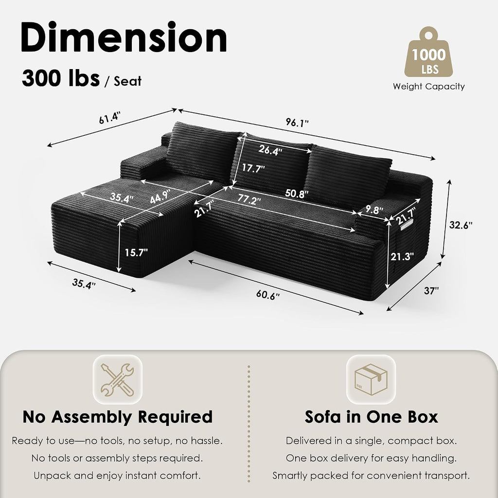 Modular Sectional Sofa Couches, 96" L-Shaped Cloud Couch with Left Chaise Lounge & Side Pockets for Living Room | No Assembly Required | Corduroy Fabric, Black
