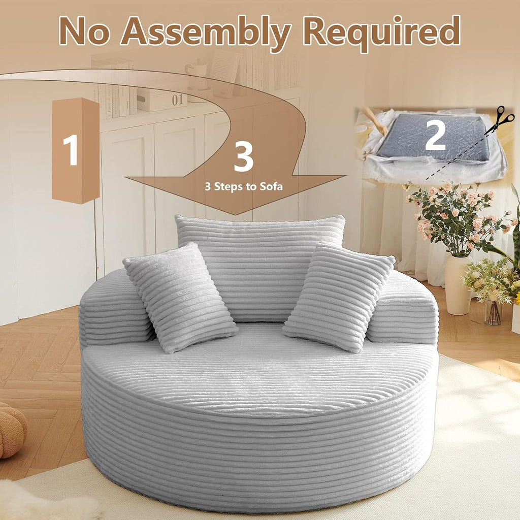 Oversized Round Chair Lounge Chaise Indoor, Upholstered Corduroy Deep Seat Cloud Large Circle Sofa Chair, No Assembly Required, Fluffy Modern Sleeper Sofa Bed for Reading, Living Room, Light gray