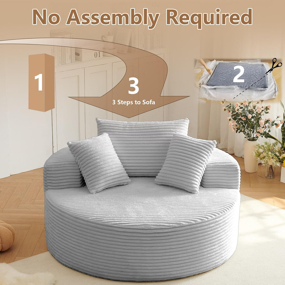Oversized Round Chair Lounge Chaise Indoor, Upholstered Corduroy Deep Seat Cloud Large Circle Sofa Chair, No Assembly Required, Fluffy Modern Sleeper Sofa Bed for Reading, Living Room, Light gray