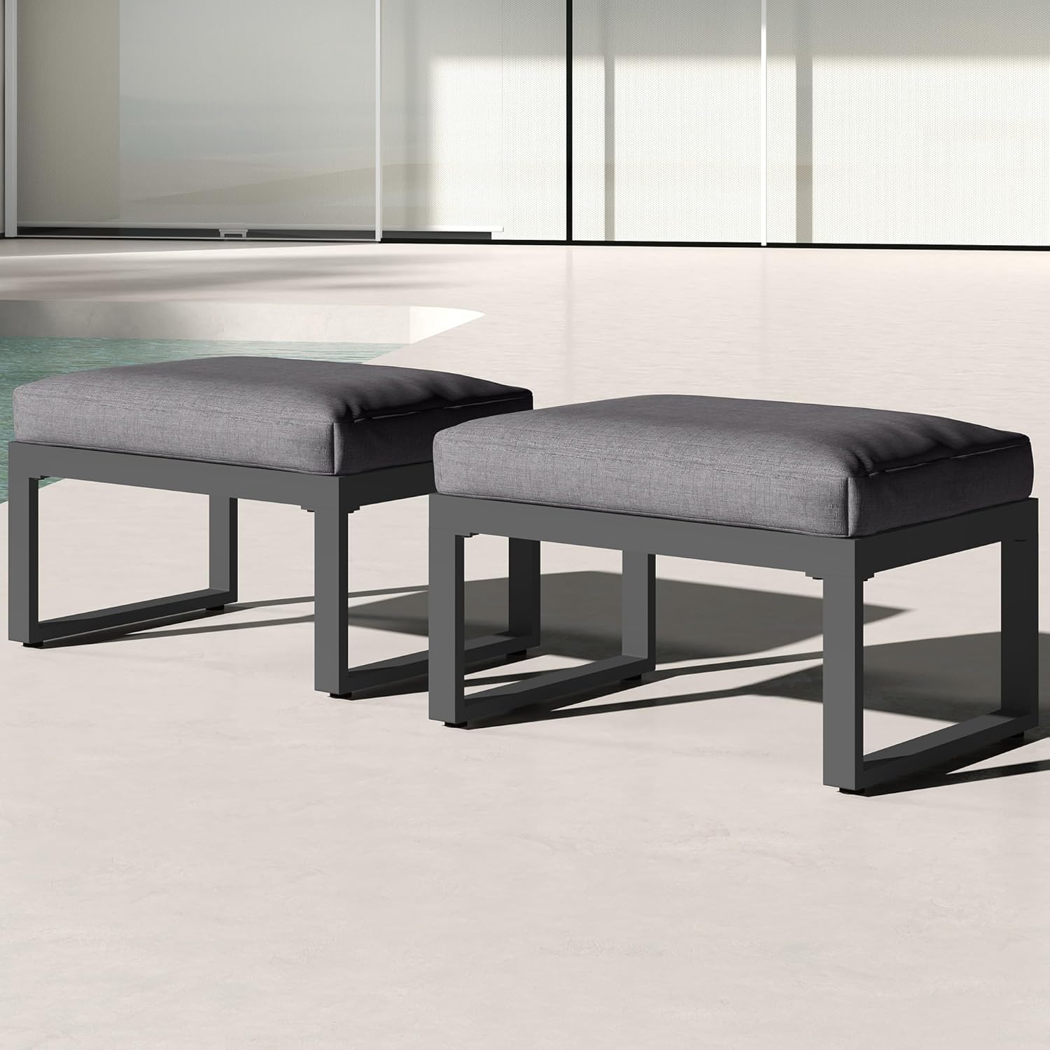 RoyalCraft 2 Pieces Aluminum Outdoor Patio Ottoman Set, Outdoor Foot Stools with Thick Cushion, Small Seat Furniture for Porch Balcony Backyard, Grey