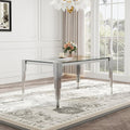 Modern Rectangle Glass Dining Table, 65" Clear Tempered Glass Desktop with Silver Mirrored Stainless Steel Legs, Stylish Elegant for 6 People, for Kitchen, Living Room, Office