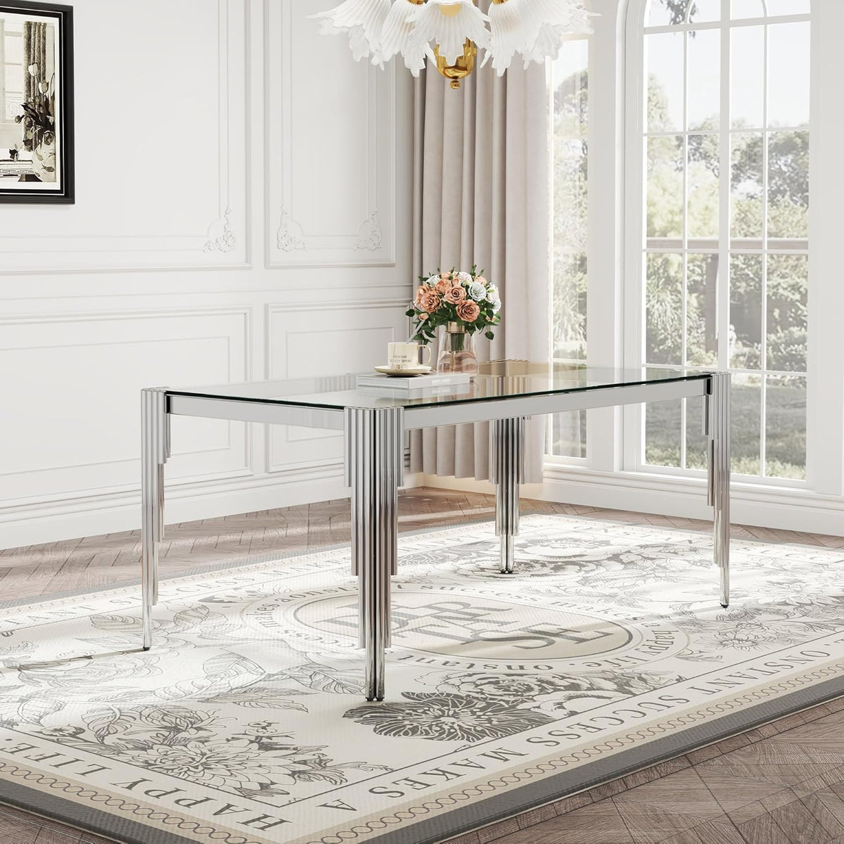 Modern Rectangle Glass Dining Table, 65" Clear Tempered Glass Desktop with Silver Mirrored Stainless Steel Legs, Stylish Elegant for 6 People, for Kitchen, Living Room, Office