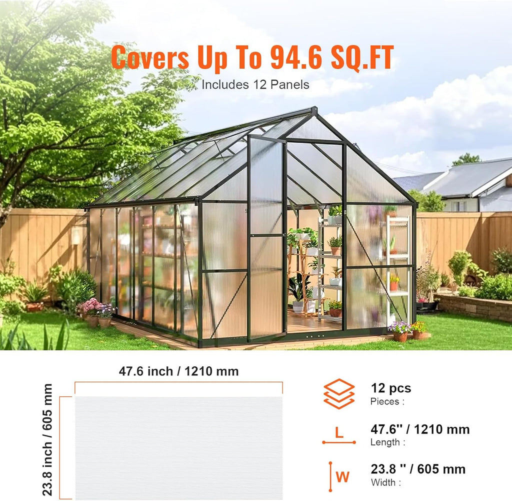 VEVOR 12 Pack Polycarbonate Greenhouse Panels, 2' X 4' X 0.24'' Roof Panels Sheets, Waterproof UV Protected Corrugated Plastic Roofing, Impact Resistance Clear Roofing Sheets for Greenhouse/Garden