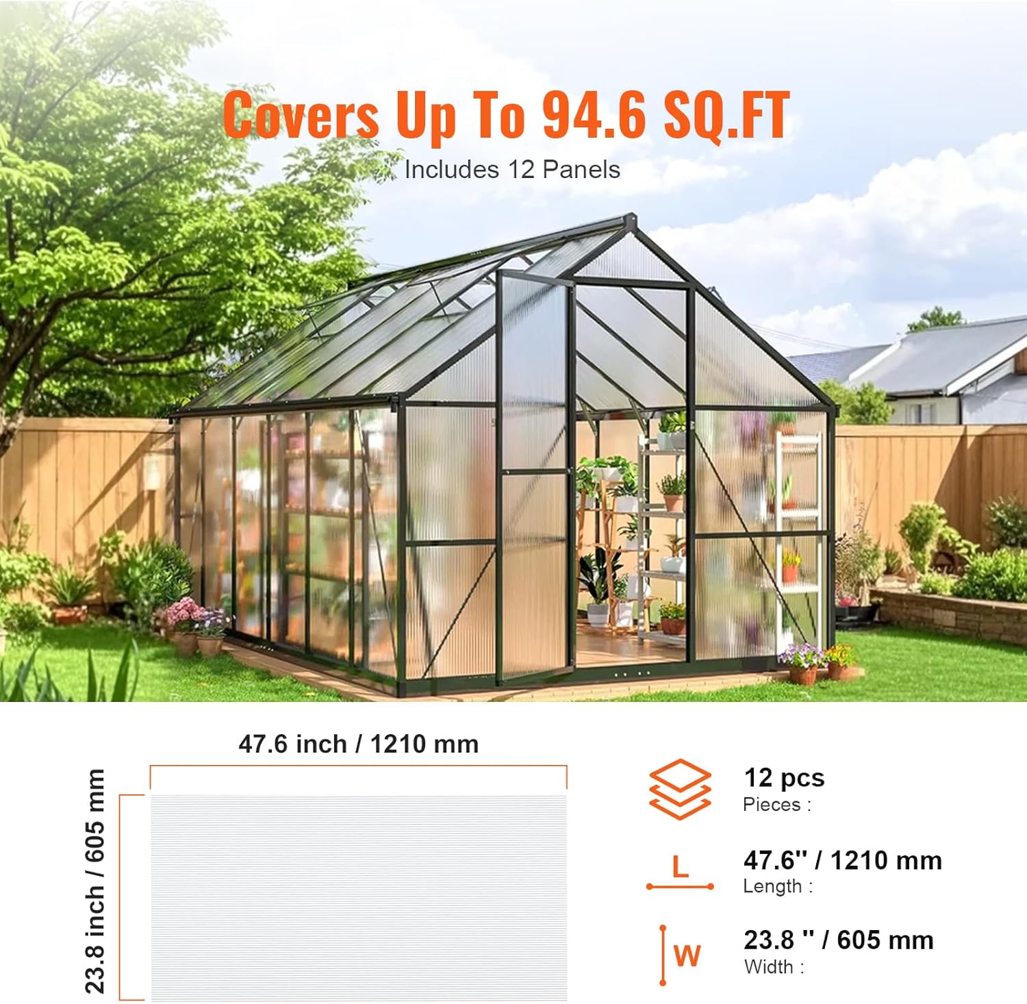 VEVOR 12 Pack Polycarbonate Greenhouse Panels, 2' X 4' X 0.24'' Roof Panels Sheets, Waterproof UV Protected Corrugated Plastic Roofing, Impact Resistance Clear Roofing Sheets for Greenhouse/Garden