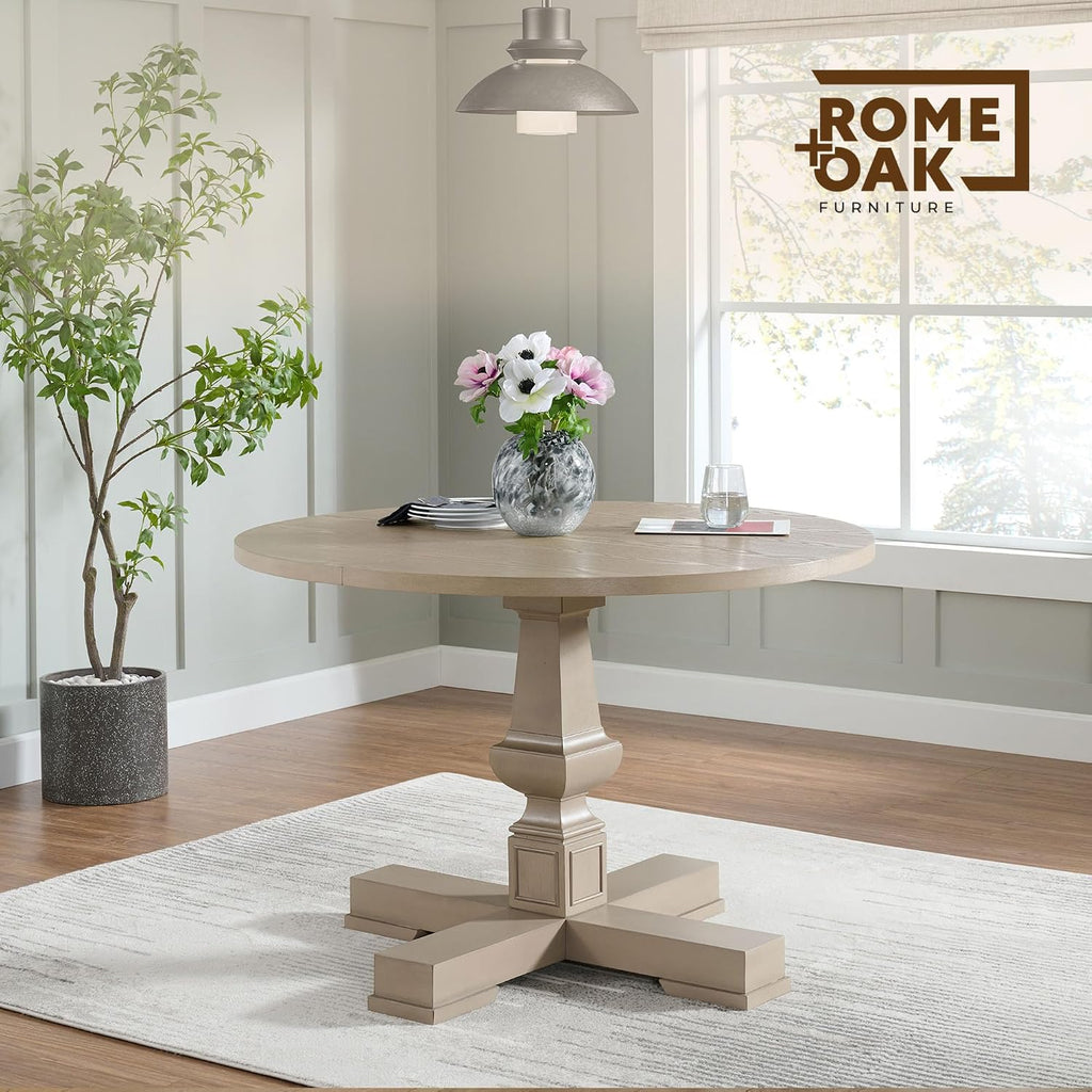 ROME + OAK Rumson Modern Dining Table, 44-Inch Round Tabletop with Sturdy Pedestal Base, Rustic Beige - Natural Wood Furniture Piece for Homes