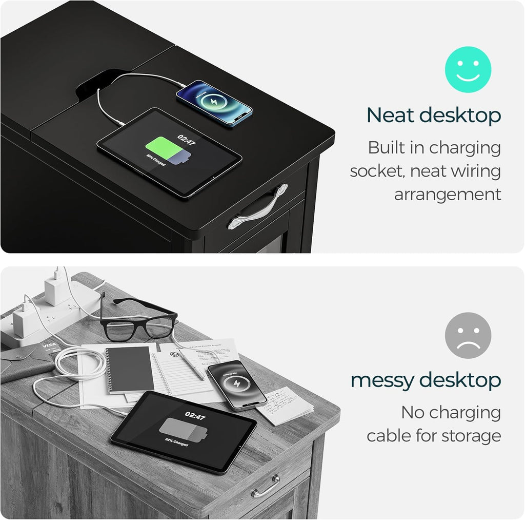 LINSY Home End Table with Charging Station, Updated Farmhouse Flip Top Side Table with Cup Holder, Storage Drawer and Glass Door, Wooden Narrow Bedside Nightstand for Living Room, Bedroom, Black