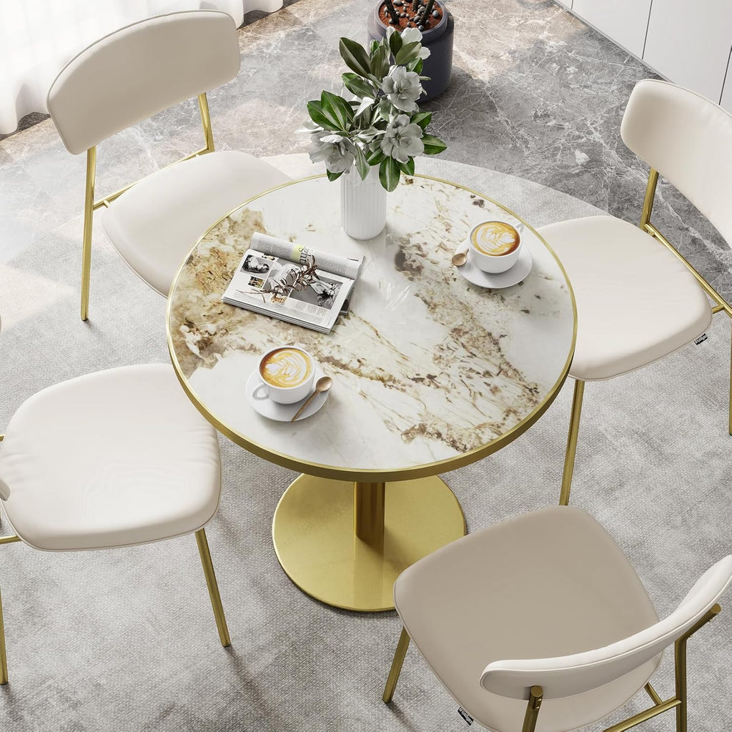 31.5" Tulip Table with Sintered Stone Tabletop and Golden Metal Pedestal, Small Round Dining Table for 2-4 Person, Modern Bistro Table for Kitchen, Small Spaces, Living Room, Cafe (Glossy Pandora)