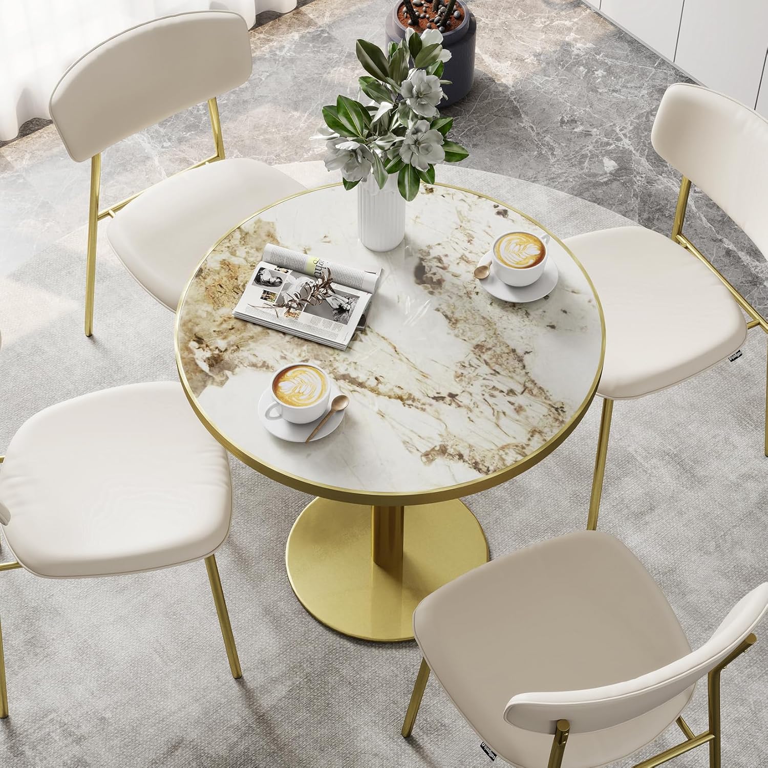 31.5" Tulip Table with Sintered Stone Tabletop and Golden Metal Pedestal, Small Round Dining Table for 2-4 Person, Modern Bistro Table for Kitchen, Small Spaces, Living Room, Cafe (Glossy Pandora)
