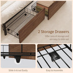 Queen Size Bed Frame with 2 Storage Drawers & Upholstered Headboard, Mid-Century Modern Platform Bed, Tufted Headboard, Metal Slat Support, No Box Spring Needed, Noise-Free, Easy Assembly, Walnut
