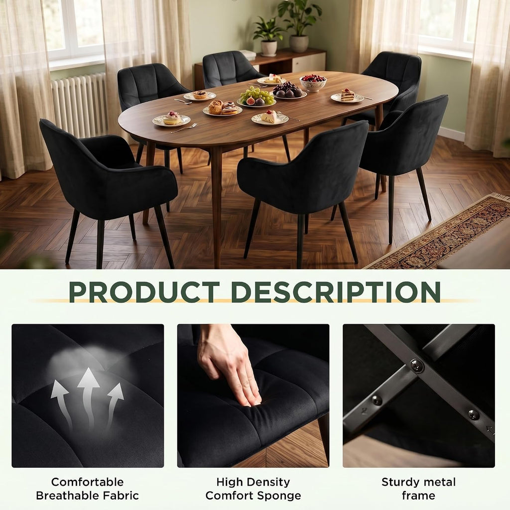 Modern Black Velvet Dining Chairs Set of 2, Upholstered Tufted Side Chairs with Arms, Black Metal Legs, Accent Arm Chairs for Kitchen, Dining Room, Living Room (Black)