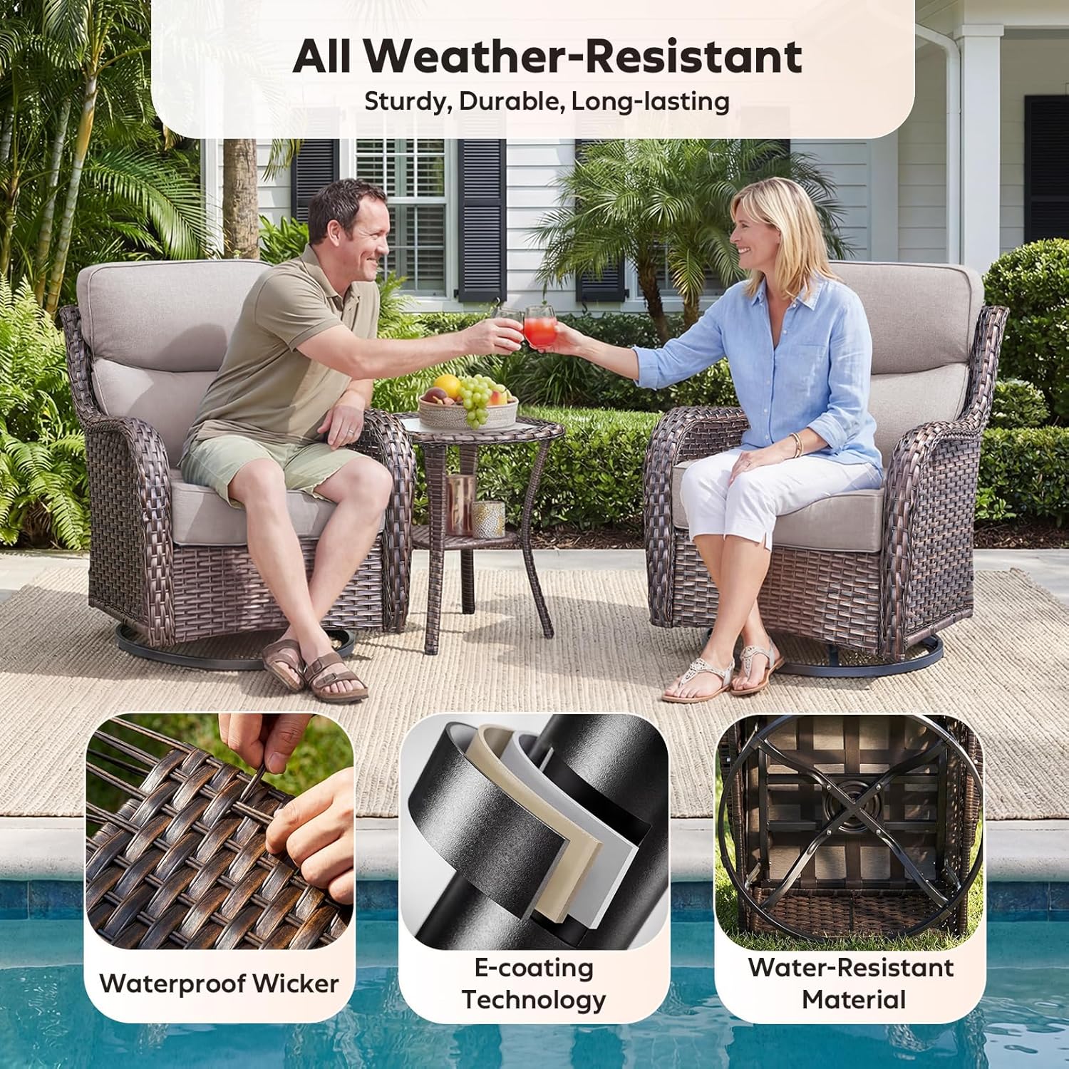 Rilyson Outdoor Swivel Rocker Chairs - All Weather Resistant Wicker Patio Furniture Set of 2 with High Back and 6 inch Thick Cushions for Deck Porch Yard and Poolside, Brown/Beige