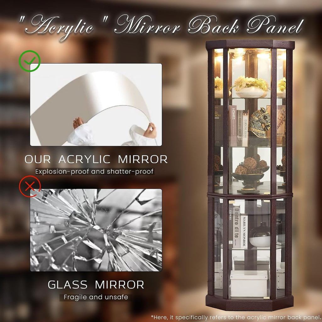 70" H Lighted Corner Curio Cabinet, Glass Display Cage with Tempered Glass Doors and 5 Adjustable Shelves, Wine Cabinet Storage Rack for Bar and Liquor Storage (Dark Cherry)