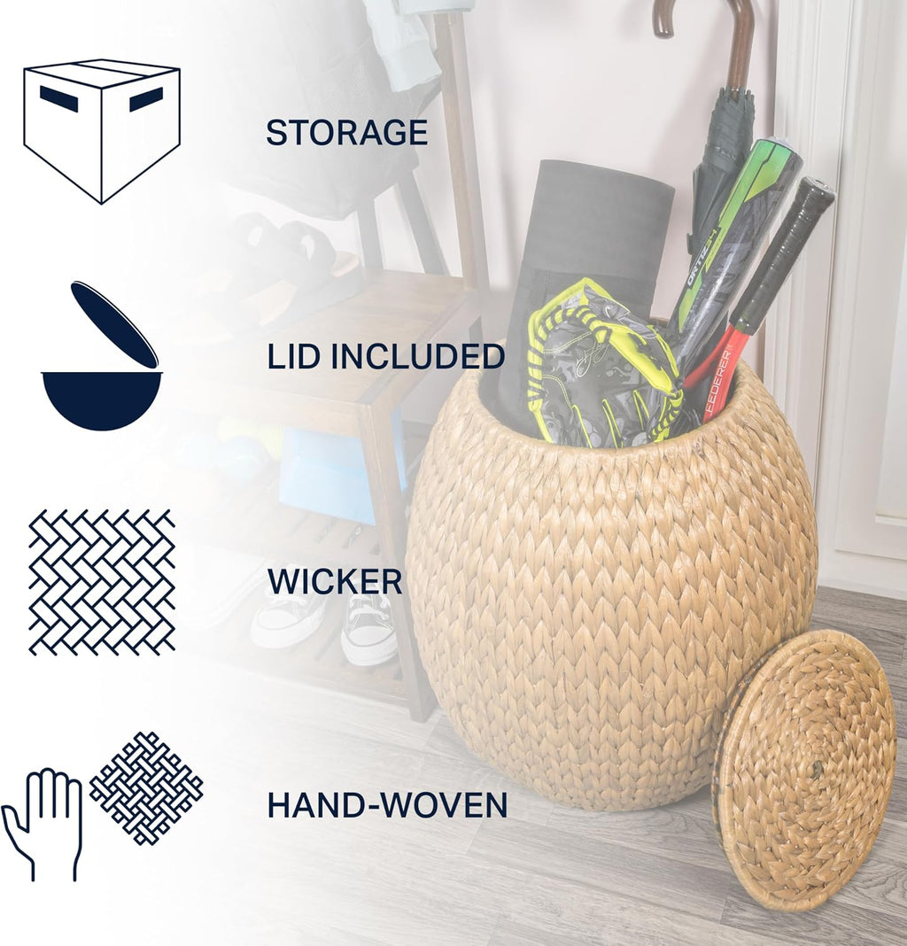 happimess SSL1000A Colt 17" Coastal Bohemian Handwoven Hyacinth Storage Stool with Lid for Storage and Decoration in Bedroom, Living Room, Kitchen, Dining Room, Entryway, Guestroom, Natural | Bohemian Rustic Wicker Basket, End Table For Living Room