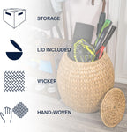 Eyely SSL1000A Noel 17" Bohemian Handwoven Hyacinth Barrel Wicker Storage Basket with Lid Side Table, Accent Table for Bathroom, Bedroom, Living Room, Natural