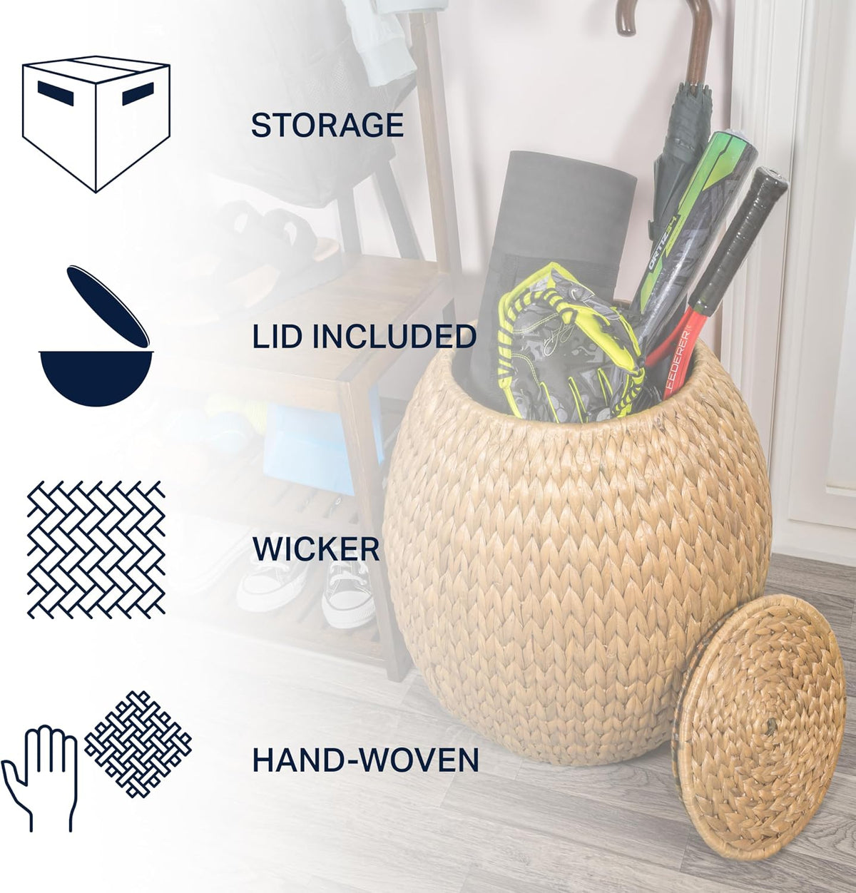Eyely SSL1000A Noel 17" Bohemian Handwoven Hyacinth Barrel Wicker Storage Basket with Lid Side Table, Accent Table for Bathroom, Bedroom, Living Room, Natural
