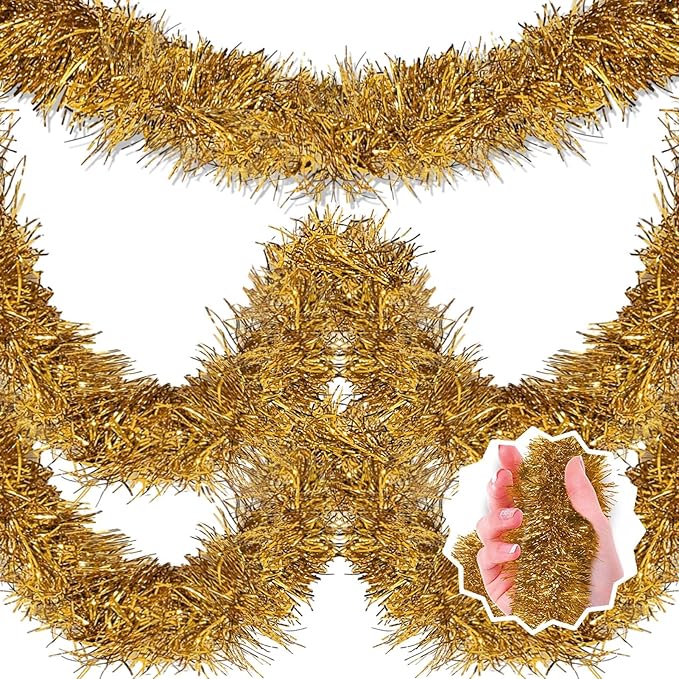 50 Feet Champagne Gold Christmas Tinsel Garland, Metallic Foil Twist Banner Wall Hanging Tinsel Streamers Backdrop for Parade Floats, Christmas, Mother's Day, Birthday Party Decorations(2in x 50ft)