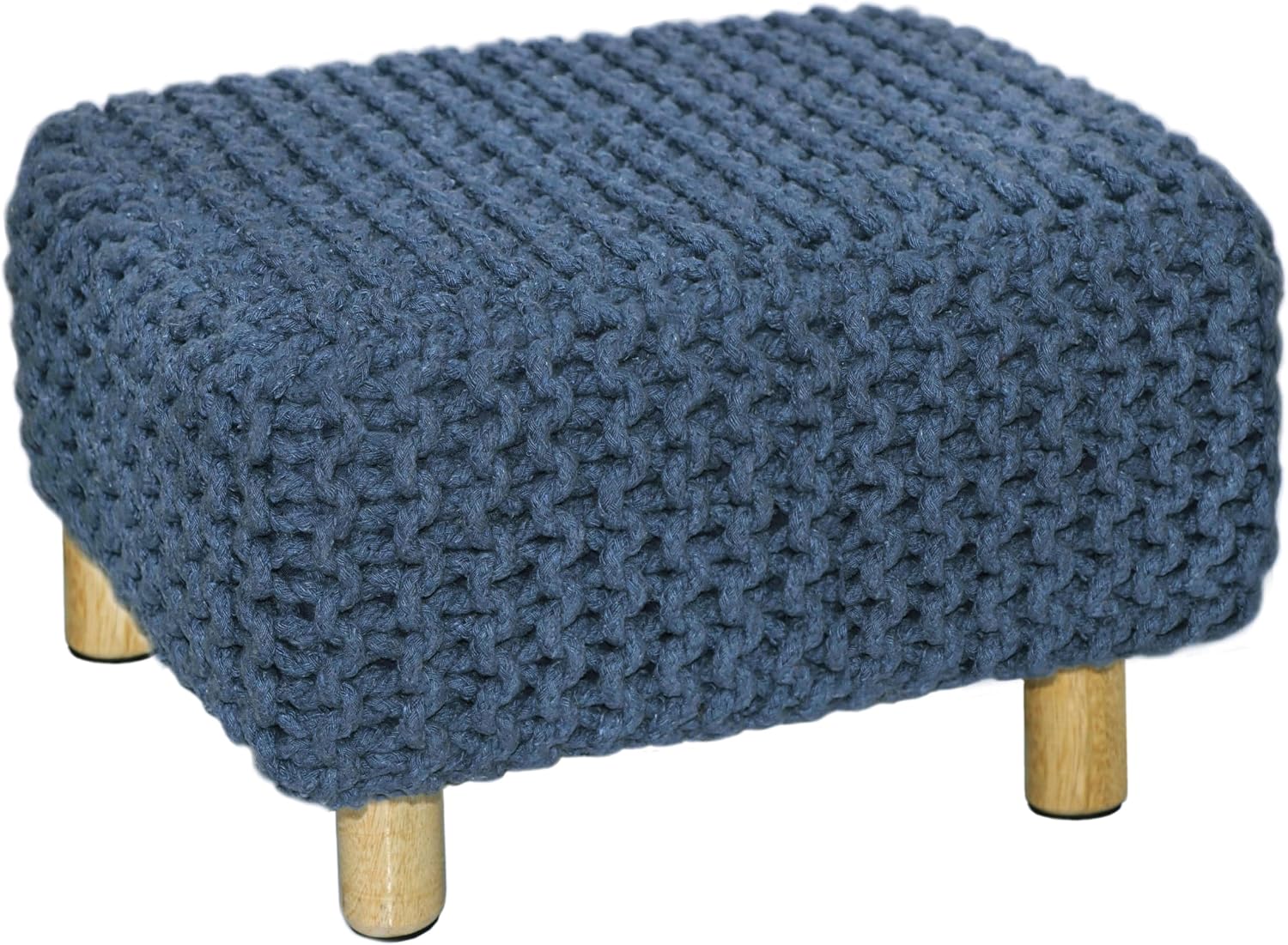 COTTON CRAFT Braided Footrest - Handknitted Dori Foot Stool with Sturdy Wood Legs – Handmade Boho Leg Rest - Small Spaces Under Desk Living Room Entryway Low Footstool Pouf - 16.5x12x9.5 - Blue