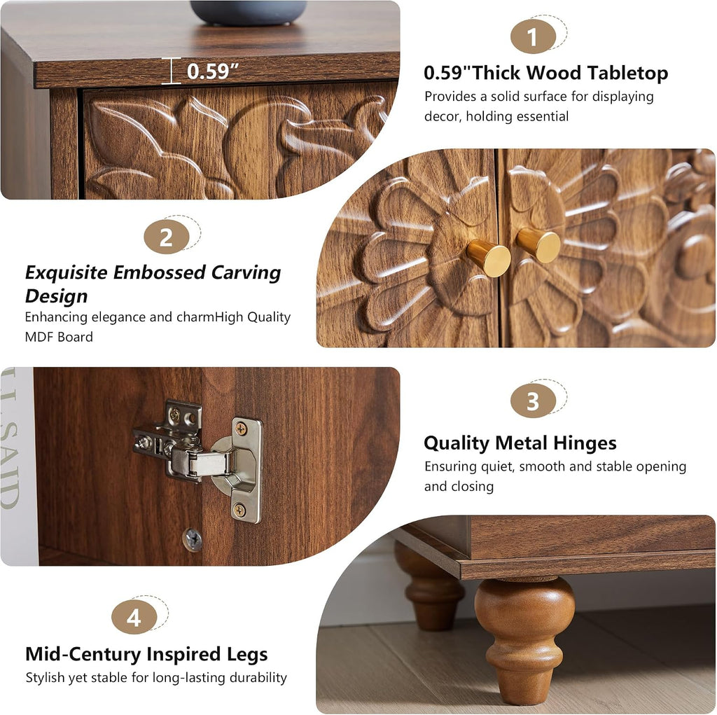 weselon Accent Cabinet with 2 Doors, Farmhouse Carved Buffet Sideboard with Adjustable Shelves, Storage Cabinet Entryway Table for Living Room (Walnut)